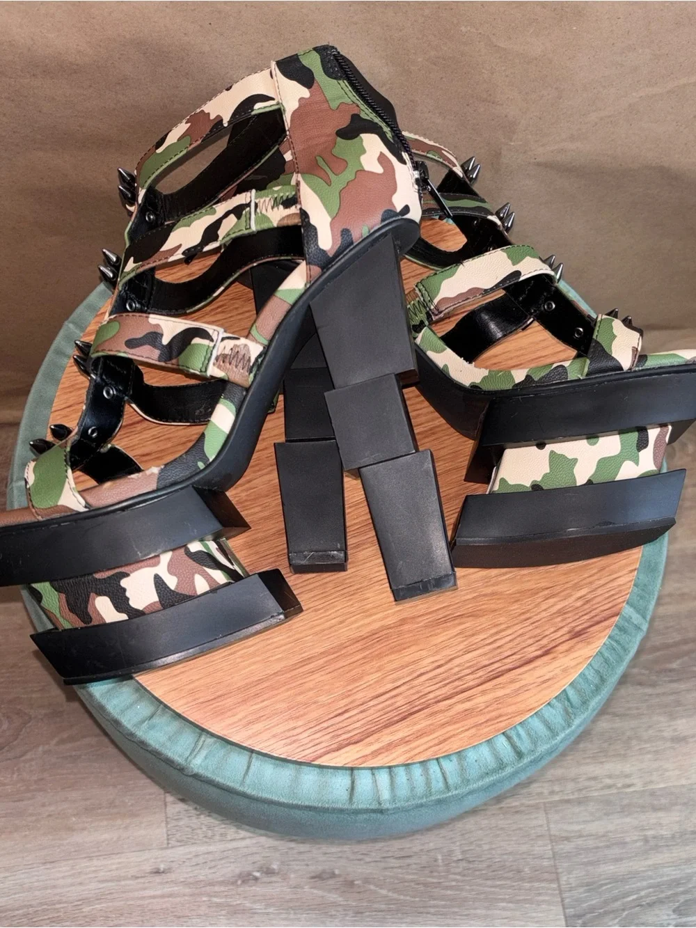 Camouflage Platform Strappy Heels with Spike Detail. Size 8